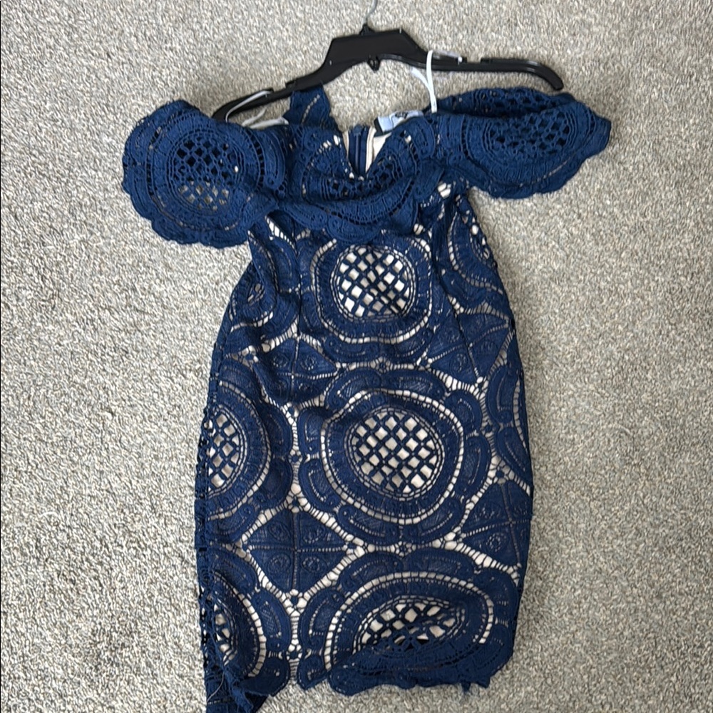Lulu's Navy Crochet Lace Off-Shoulder Mini Dress